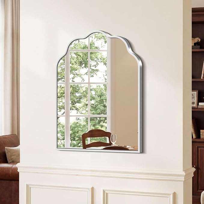 Scalloped Arched Mirror, 18×24Inch Silver Mirror for Bathroom, Wavy Wall Mounted Vanity Mirror with Aluminum Alloy Frame for Livingroom Bedroom and Entryway, Tempered Glass