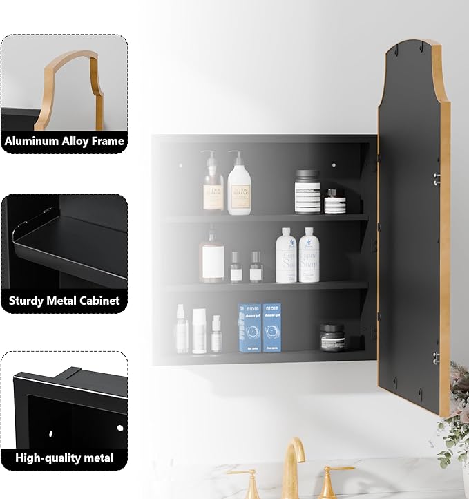 Casaphoria 30" H x 20" W Arched Bathroom Medicine Cabinet with Mirror,Metal Frame Wall Medicine Cabinets Mirrors, Wall Mirror Cabinet, Gold