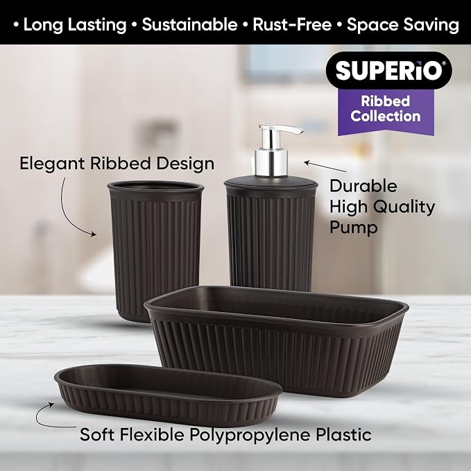 Superio Ribbed Collection - Decorative Plastic Bathroom Accessories Set, Brown (Set of 4) Soap Dish, Liquid Dispenser, Toothbrush Holder Cup, Vanity Organizer Tray Bathroom Countertop Decor Gift