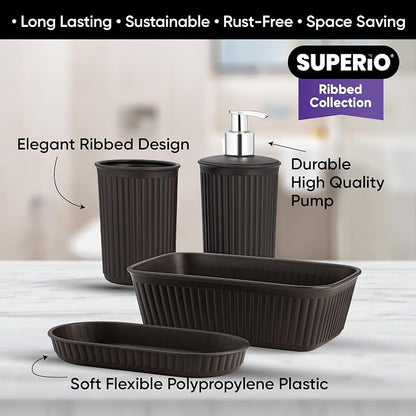 Superio Ribbed Collection - Decorative Plastic Bathroom Accessories Set, Brown (Set of 4) Soap Dish, Liquid Dispenser, Toothbrush Holder Cup, Vanity Organizer Tray Bathroom Countertop Decor Gift
