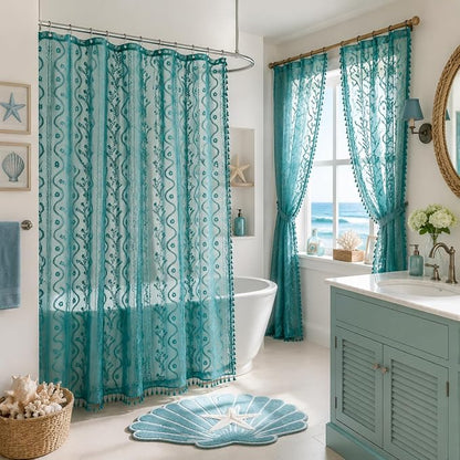 WAZZIO Teal Lace Shower Curtain for Bathroom 72" W x 84" L, Victorian Farmhouse Floral Pattern Tassel Fancy Shower Curtain Boho Washable Cloth Decorative Bath Curtains,1 Panel,Turquoise