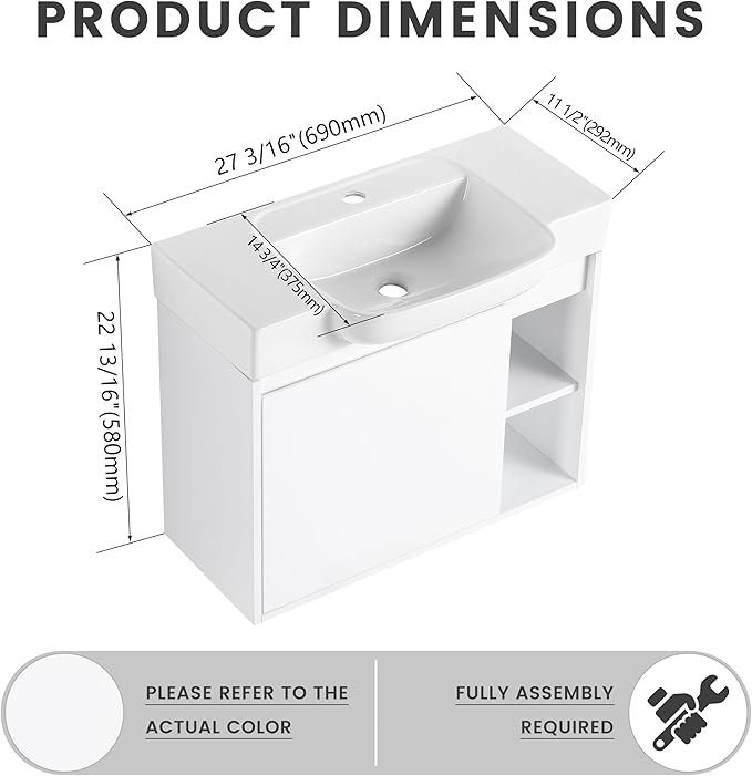 28" Floating Bathroom Vanity with Sink Combo,28 Inch Floating Vanity,Modern Single Sink Bathroom Vanity Combo,White Wall Mounted Cabinet Set