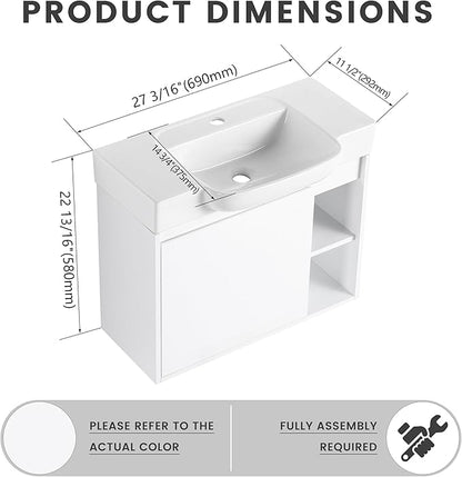 28" Floating Bathroom Vanity with Sink Combo,28 Inch Floating Vanity,Modern Single Sink Bathroom Vanity Combo,White Wall Mounted Cabinet Set