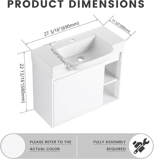 28" Floating Bathroom Vanity with Sink Combo,28 Inch Floating Vanity,Modern Single Sink Bathroom Vanity Combo,White Wall Mounted Cabinet Set