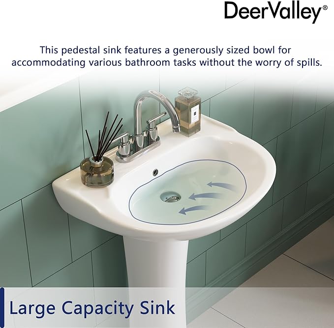 DeerValley Ally 20x17 Inch U-Shape White Ceramic Pedestal Sink, 3-Hole Faucet Configuration with Overflow, DV-1P52503
