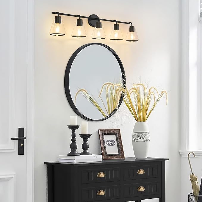 38.5" Black Bathroom Vanity Light, 5 Light Modern Vanity Lighting Fixture | Vanity Lights with Clear Glass Shade, Bathroom Wall Light Over Mirror, Wall Sconces for Bathroom Bedroom