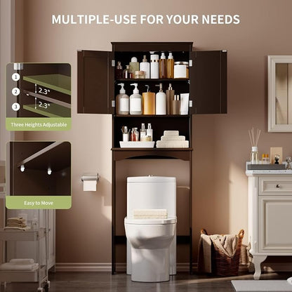 Gizoon Over the Toilet Storage Cabinet with Adjustable Shelf, Espresso | Bathroom Space Saver Organizer Above Toilet with Open Shelf and Double Doors, Taller Wooden Free Standing Toilet Rack