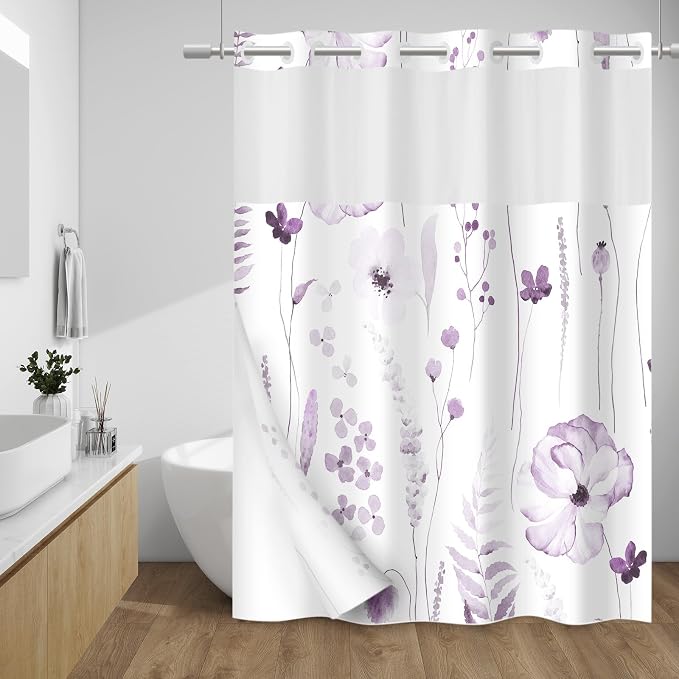 No Hook Floral Shower Curtain with Liner, Plum, 71x74 | Snap in Liner, 3 in 1, Water Repellent, Easy Install, Machine Washable, Hotel Style for Bathroom, Watercolor Pattern