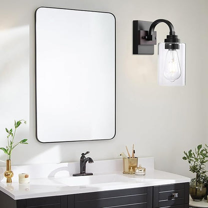 1-Light Black Wall Sconces, Farmhouse Vanity Light Fixtures for Bathroom, Wood Wall Lighting with Clear Glass Shade, Wall Sconce for Hallway, Entryway, Bedroom, Living Room