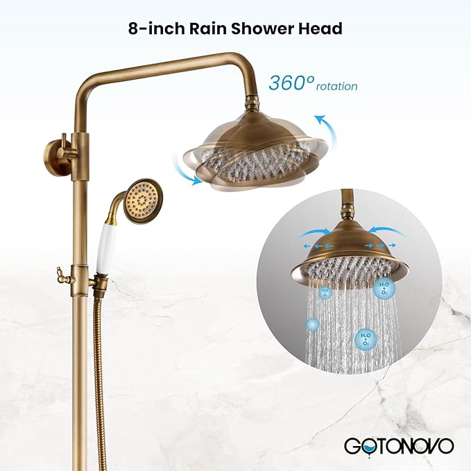 gotonovo Antique Brass Exposed Bathroom Shower Faucet with Shower Shelf 8 inch Rain Shower Head Double Cross Handle With Adjustable Handheld Sprayer Shower Shower System 2 Functions Wall Mounted