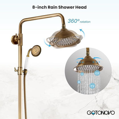 gotonovo Antique Brass Exposed Bathroom Shower Faucet with Shower Shelf 8 inch Rain Shower Head Double Cross Handle With Adjustable Handheld Sprayer Shower Shower System 2 Functions Wall Mounted