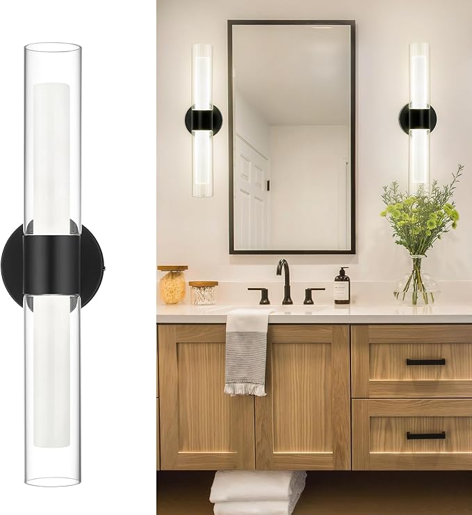kudos Black LED Vanity Light, Clear and Frosted Glass, 3CCT, KDVL06-BK-2 | 11W,1100 Lumens, 3000K, 4500K and 6000K Selectable, Hardwired, for Bathroom, Bedroom and Over Mirror