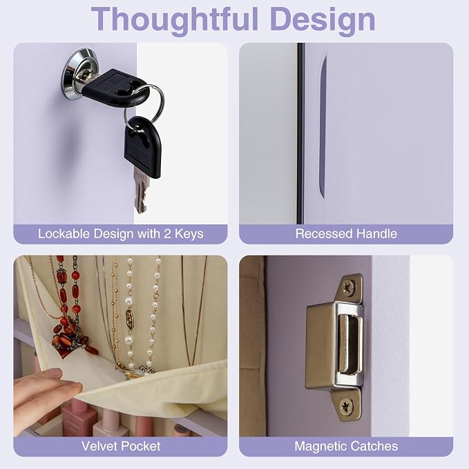 COSTWAY Wall Door Mounted Jewelry Armoire with 47.5" Full Length Mirror & 2 LED Lights, Large Storage Capacity, Lockable Mirror Jewelry Cabinet for Women Girls (Lavender)