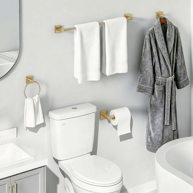 24-Inch Wall Mounted Towel Racks for Bathroom – Space Saver 4-Piece Durable Stainless Steel Bathroom Hardware Set with Towel Bar, Towel Ring, Toilet Paper Holder & Hook, Gold