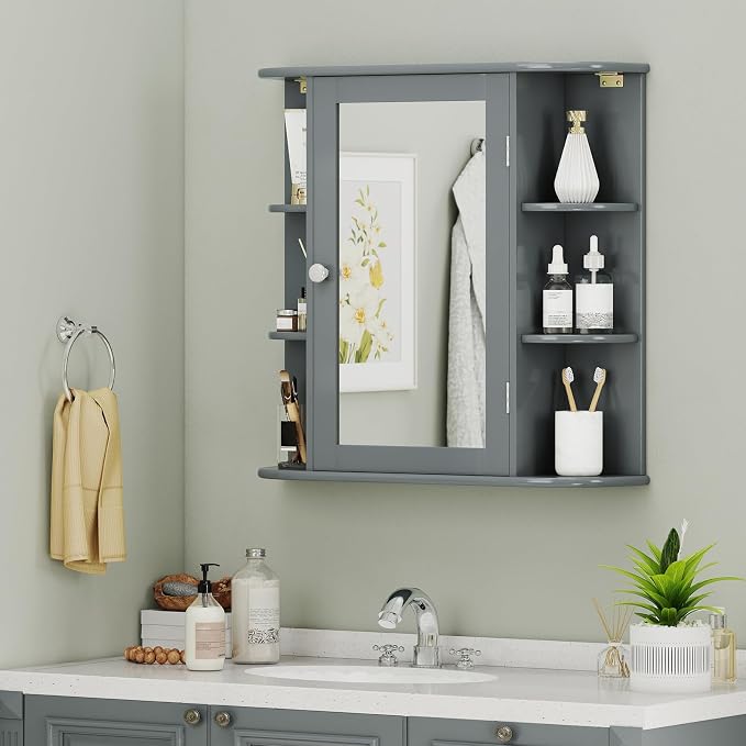 GIANTEX Bathroom Mirror Cabinet (Grey) | Wall Mounted Medicine Cabinet with Mirrored Door & 4 Interior Shelves, 6 Open Shelves, Space-saving Storage Cabinet