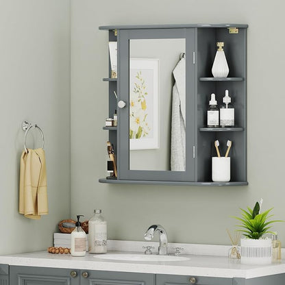 GIANTEX Bathroom Mirror Cabinet (Grey) | Wall Mounted Medicine Cabinet with Mirrored Door & 4 Interior Shelves, 6 Open Shelves, Space-saving Storage Cabinet