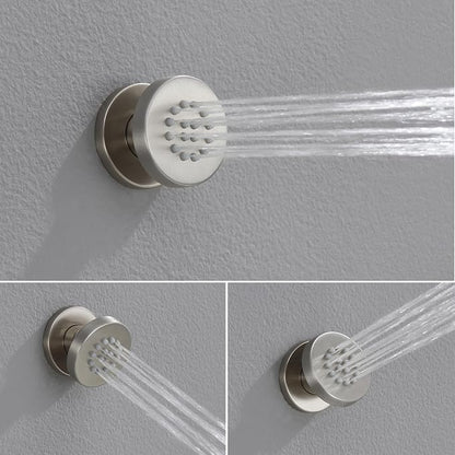 Iriber Brushed Nickel Round Rain Shower System with 4 PCS Body Jets 3 Function Shower Faucet Set Contain 12 Inch Shower Head and Handheld Wall Mounted Pressure Balance Shower Trim Kit (Valve Included)