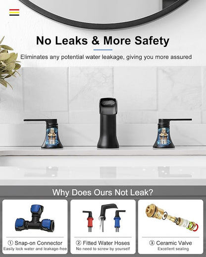 Waterfall Bathroom Sink Faucet, Brass Black Bathroom Faucet, 4-8 Inch 2 Handles Widespread Bathroom Faucets for Sink 3 Hole Vanity Lavatory Farmhouse RV with Pop Up Drain and Supply Hose