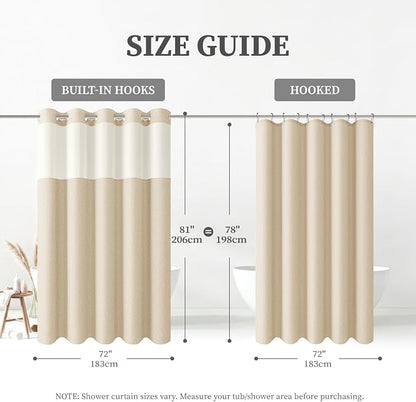 72x81 Ringless Linen Textured Shower Curtain with Snap in Liner, Cream | Tall Size, 3 in 1 Shower Curtain Set, Removable Liner, Waterproof & Washable, Mesh Top Window, Durable Fabric, Easy Setup