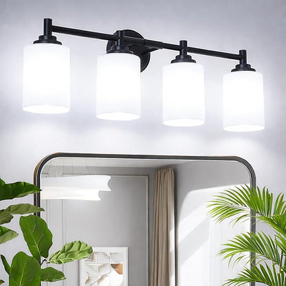 4-Light Bathroom Light Fixtures,Matte Black Bathroom Vanity Light Over Mirror with Cream White Glass Shade,Modern Farmhouse Wall Sconces Lighting for Bedroom Cabinet Kitchen Living Room