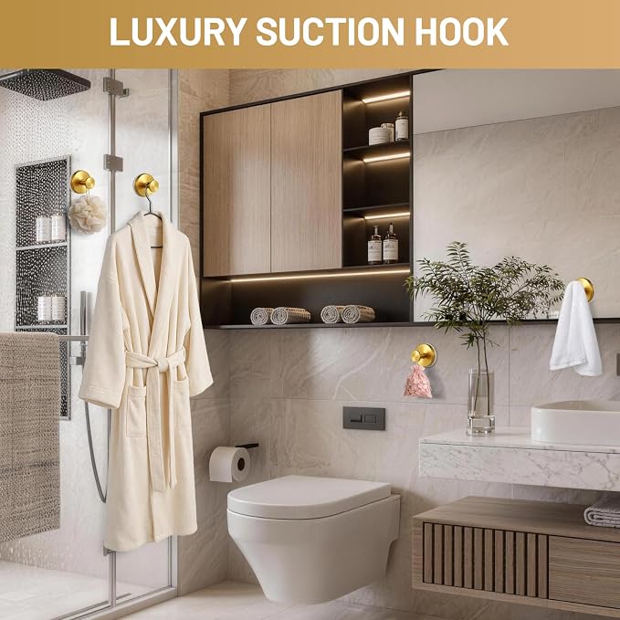 Suction Cup Hooks for Shower No-Drill Bathroom Hooks for Towels, Robes, Loofah Mountable on Bathroom Walls, Kitchen, Glass, Mirrors, Tile and Smooth,Non-Porous Surfaces (4, Brushed Gold)