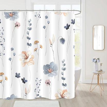 Blue Beige Watercolor Floral Fabric Shower Curtain, 54x78 | Waterproof Fabric, Modern Minimalist Floral Print, Machine Washable, Rustproof Grommets, for Bathroom Home, Stall
