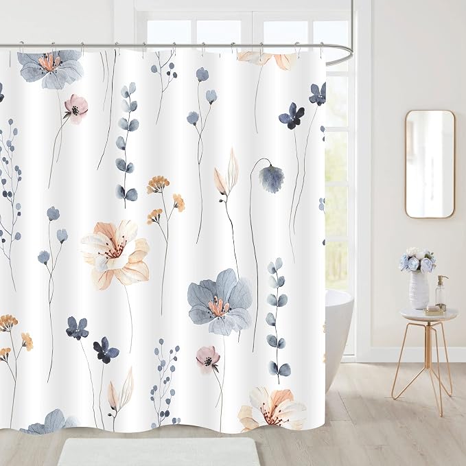 Blue Beige Watercolor Floral Fabric Shower Curtain, 48x72 | Waterproof Fabric, Modern Minimalist Floral Print, Machine Washable, Rustproof Grommets, for Bathroom Home, Stall