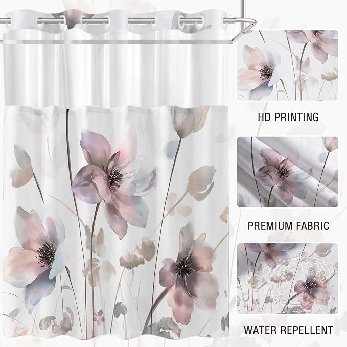 No Hook Shower Curtain and Liner Set, Pink Boho Floral 71x77 | Watercolor Boho Flower, with Snap in Liner, Mesh Top Window, Waterproof, Machine Washable, Quick-Drying, for Hotel Bathroom