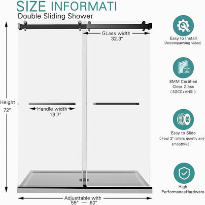 55-60" W x 72" H Frameless Double Sliding Shower Door for Walk-in Shower,5/16" (8mm) SGCC Certified Clear Tempered Safety Glass,Easy-Clean Coating,Quiet Heavy-Duty Roller System,Matte Black