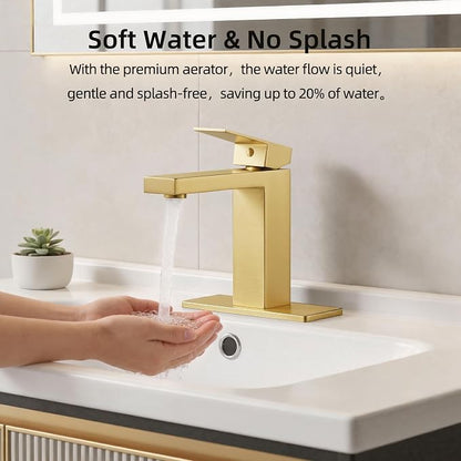 Brushed Gold Bathroom Faucet, SUS304 Stainless Steel Lead-Free | Vanity Faucet with Deck Plate & Pop-Up Drain, Single/3 Hole Installation, for Farmhouse, Bathroom Sink, Vanity, Washbasin, RV