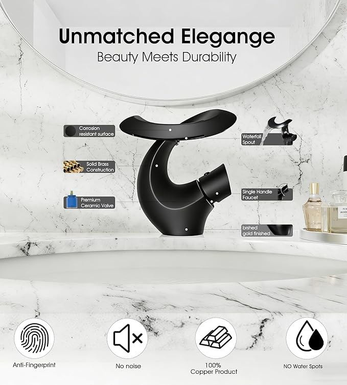 Elegant Alien Matte Black Bathroom Sink Faucet Single Hole,AUU Waterfall Black Vanity Sink Faucet Solid Brass,Single Handle Basin Tap with Pop Up Drian&Deck Plate