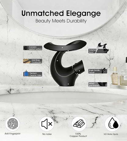Elegant Alien Matte Black Bathroom Sink Faucet Single Hole,AUU Waterfall Black Vanity Sink Faucet Solid Brass,Single Handle Basin Tap with Pop Up Drian&Deck Plate