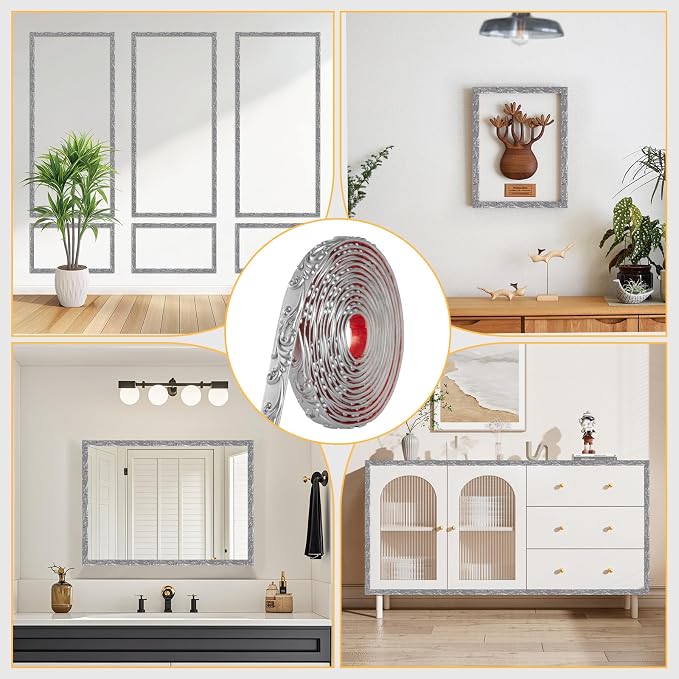 3 Pack 16.4FT Silver Peel and Stick Crown Molding Trim Kit – Flexible Self-Adhesive Mirror Trim for Cabinets, and Frame Edges