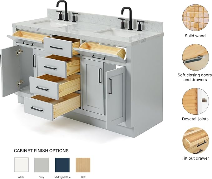 ARIEL Hepburn 60-inch Bathroom Vanity with Sink,Solid Wood, 1.5-inch Italian Carrara Marble Countertop, Double Rectangular Porcelain Sink, 4 Soft Closing Doors, 6 Dovetail Drawers, Grey