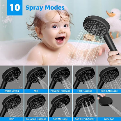 Hibbent 13'' 5-spray Rain Shower Head with 10-Spray Handheld, Matte Black | cUPC Certified High Pressure Dual Showerhead Combo, Upgraded Rainfall Shower Head, 12'' Extension Arm, 71'' Hose & Holder
