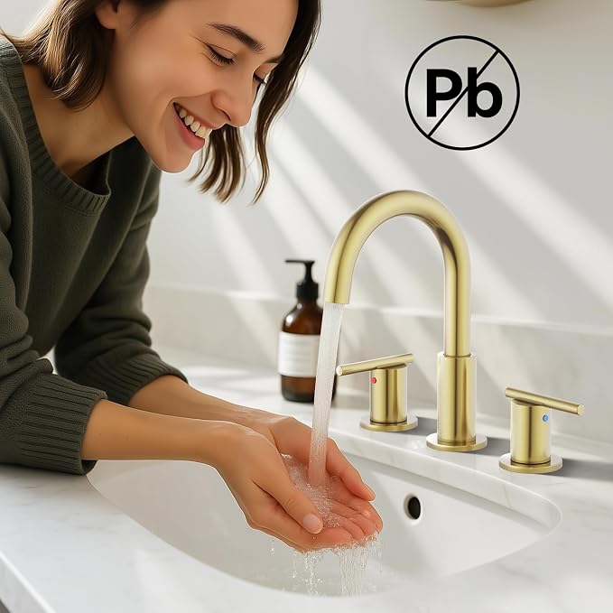Bathroom Faucets for 3 Hole Sinks, Hurran 8 Inch Brushed Gold Double Handle Bathroom Sink Faucet with 360° Rotating Spout & Pop-Up Drain, Widespread Faucet Suitable for Vanity, RV & Outdoor Sinks