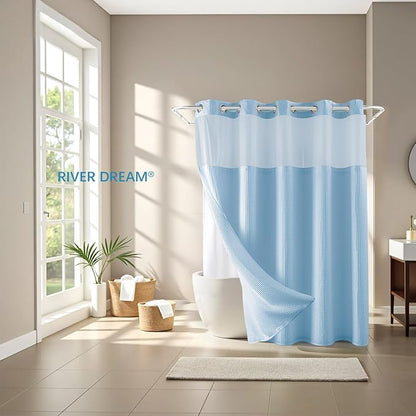 River Dream Cotton Blend Shower Curtain Set with Liner, Sky Blue, 71x86 | Waffle Weave, No Hook Needed, with Snap in Replacement Liner, Top Sheer Window, Hotel Quality for Bathroom, Extra Long