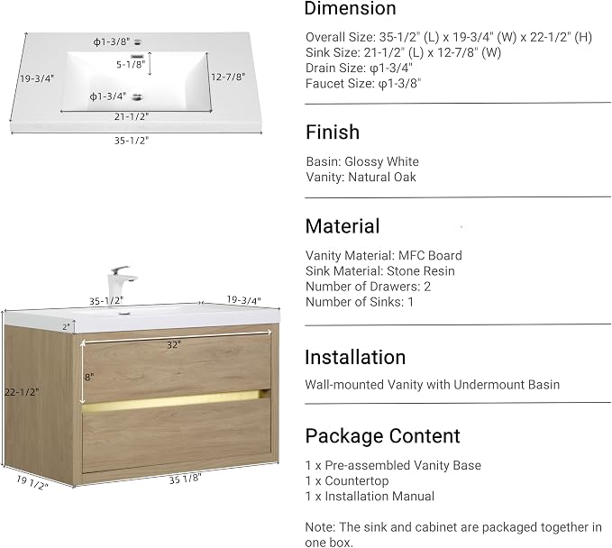 36" Floating Bathroom Vanity with Sink, Wall-Mounted Bathroom Storage Vanity Cabinet with Resin Top Basin and Soft Close Drawers, Fully Assembled, Natural Oak