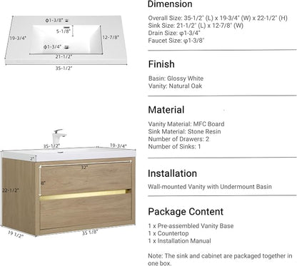 36" Floating Bathroom Vanity with Sink, Wall-Mounted Bathroom Storage Vanity Cabinet with Resin Top Basin and Soft Close Drawers, Fully Assembled, Natural Oak