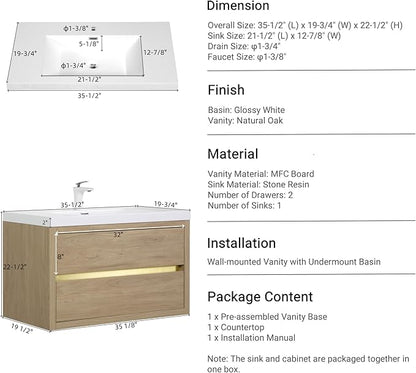 Abruzzo 36" Natural Oak Wall-Mounted Bathroom Vanity with Sink, Stone Resin Countertop & Soft-Close Drawers, Waterproof Wood Cabinet for Small Bathrooms