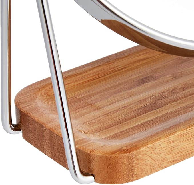 Amazon Basics Vanity Round Tabletop Mirror with 360° Rotation, Double Sided 1x/5x Magnification, Chrome Finish, Squared Bamboo Tray, 7.2"L x 3.35"W
