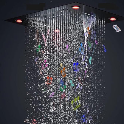 Cascada Classic Design 23”x31” large recessed LED rain shower head w/3 modes (Rain+ Water Curtain + Waterfall) Built-in Bluetooth Speaker (Music, Oil Rubbed Bronze)