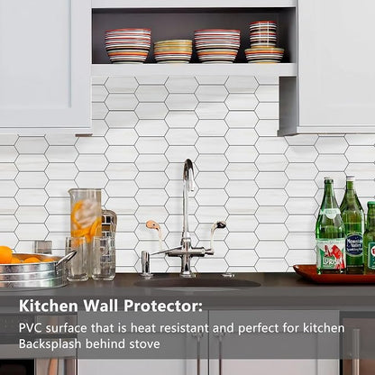 Vamos Tile Long Hexagon Peel and Stick Backsplash Tile - 10 Sheets Stick on Backsplash for Kitchen and Bathroom 12.4 x 12 Inch Dolomite Marble Look PVC Self Adhesive Mosaic Wall Tiles