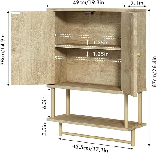 RUSTOWN Rattan Bathroom Wall Cabinet, Modern Boho Medicine Cabinet with Two Arched Rattan Doors, Over The Toilet Storage Cabinet with Adjustable Shelf and Towel Bar for Bathroom (Natural,Medium)