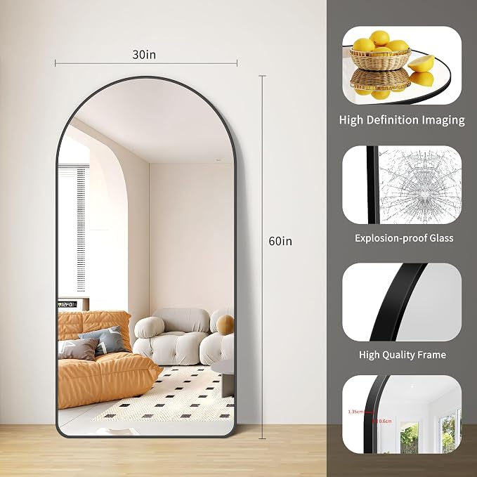 FORBATH Large Arched Wall Mirror 60x30 Inch, Black Arched Full Length Mirror with Aluminum Frame for Bedroom, Fireplace,Entryway,Living Room,Home Decor,Hanging or Leaning Against Wall