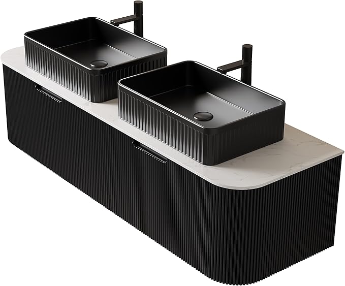 Yayzy 60" Floating Bathroom Vanity with Sink, Solid Wood Fluted Cabinet, Black Fluted Square Ceramic Basin & Faux Marble Top, Soft-Close Drawer, Pre-Assembled, Gloss Black