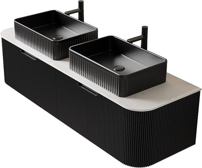 Yayzy 60" Floating Bathroom Vanity with Sink, Solid Wood Fluted Cabinet, Black Fluted Square Ceramic Basin & Faux Marble Top, Soft-Close Drawer, Pre-Assembled, Gloss Black