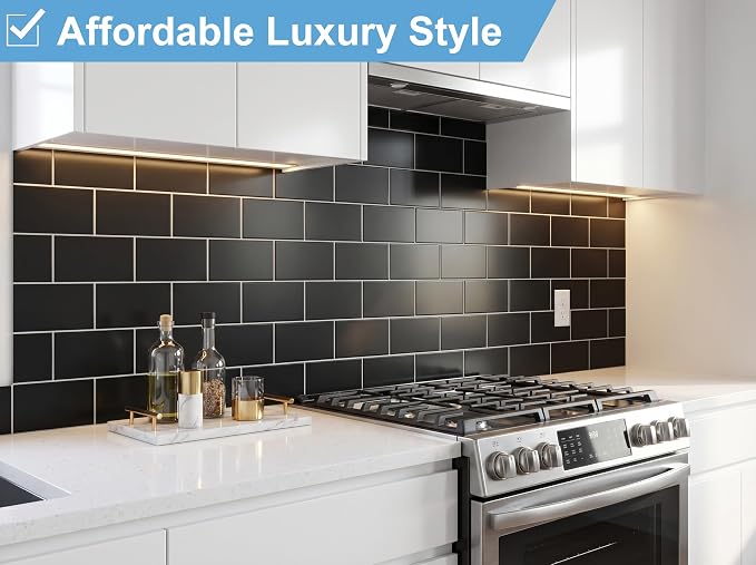 Yipscazo 2026 New Upgrade Peel and Stick backsplash 3 x 6 Inches 3D PVC Composite Wall Tile Stick on Backsplash Tile for Kitchen Bathroom, Laundry Room, Fireplace(Pure Black, 100 Pieces)