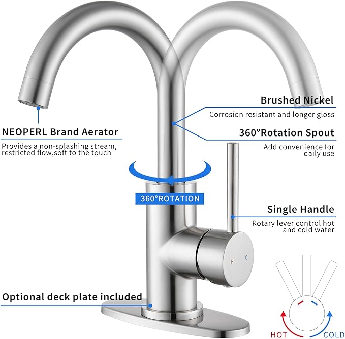 Brushed Nickel Bathroom Faucets 1 Hole - Waterfall Bathroom Sink Faucets Single Handle Vanity Faucet with Pop up Drain, Swivel Spout RV Faucets Small Bar Vanity Lavatory Bath Utility Faucet