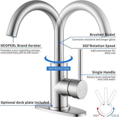 Brushed Nickel Bathroom Faucets 1 Hole - Waterfall Bathroom Sink Faucets Single Handle Vanity Faucet with Pop up Drain, Swivel Spout RV Faucets Small Bar Vanity Lavatory Bath Utility Faucet